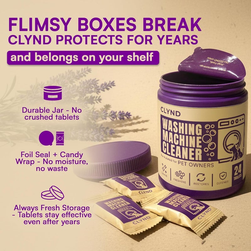 CLYND Washing Machine Cleaner Tablets 24 Pack for HE Front Load, Top Load Washing Machine Cleaning Tablets Descaler and Deodorizer, Formulated for Pet Owners, 1 Year Supply Laundry Washer Cleaner - Image 3